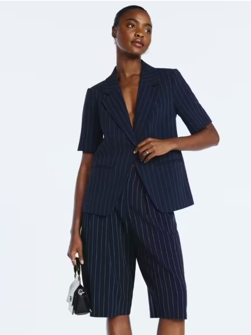 Navy Pinstripe Short-Sleeve Blazer with Matching Culottes